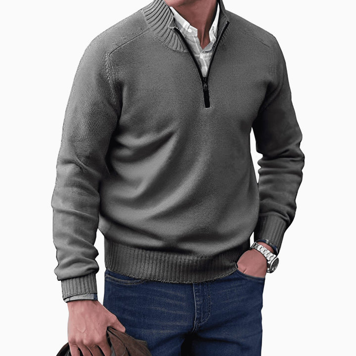 Men's Knitted Half-Zip Pullover Jumper Mock Neck Long Sleeve - Dark Grey