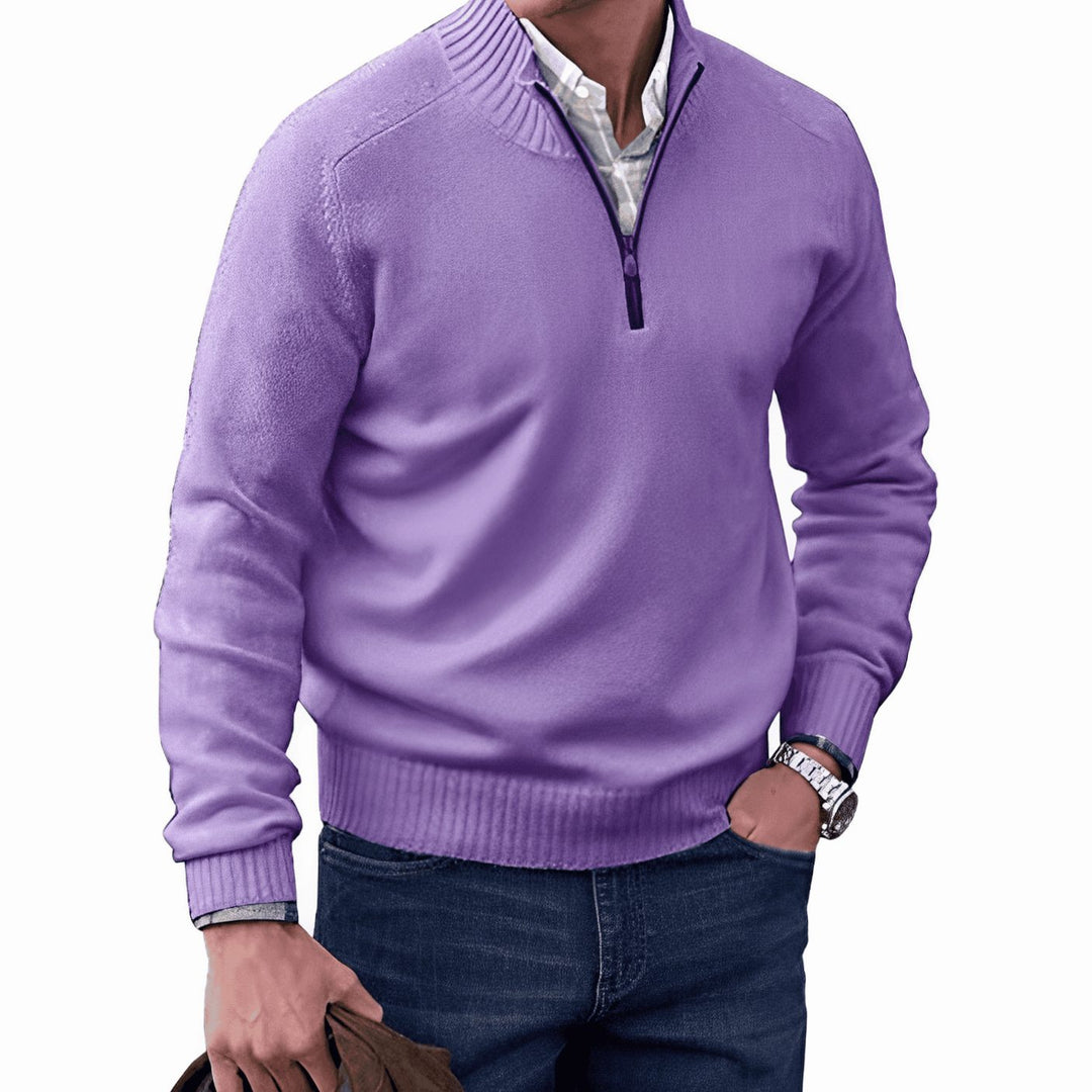 Men's Knitted Half-Zip Pullover Jumper Mock Neck Long Sleeve - Purple