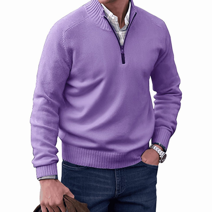 Men's Knitted Half-Zip Pullover Jumper Mock Neck Long Sleeve - Purple