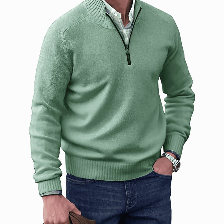 Men's Knitted Half-Zip Pullover Jumper Mock Neck Long Sleeve - Green