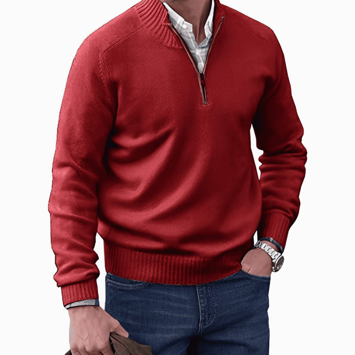 Men's Knitted Half-Zip Pullover Jumper Mock Neck Long Sleeve - Red