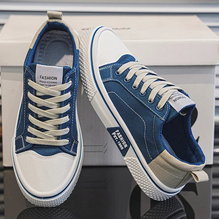 Men's Lace-Up Canvas Low-Top Casual Trainers - Blue