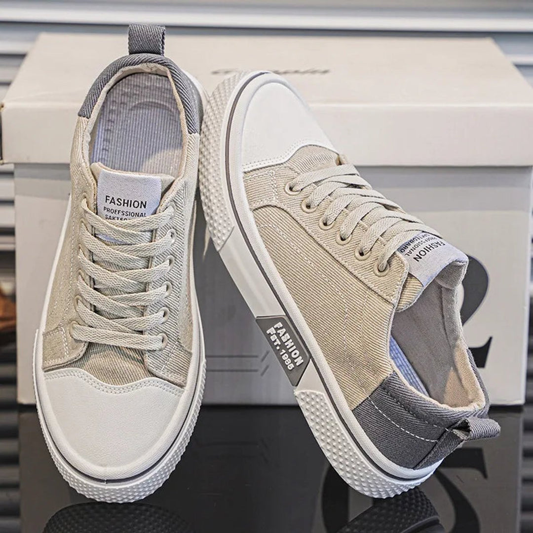 Men's Lace-Up Canvas Low-Top Casual Trainers - Beige