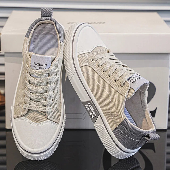Men's Lace-Up Canvas Low-Top Casual Trainers - Beige