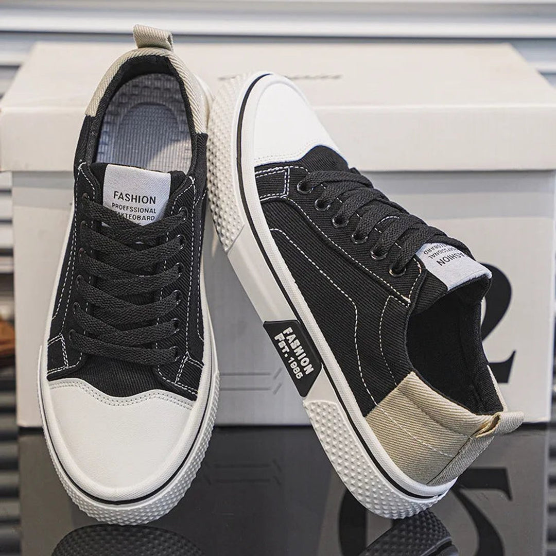 Men's Lace-Up Canvas Low-Top Casual Trainers - Black