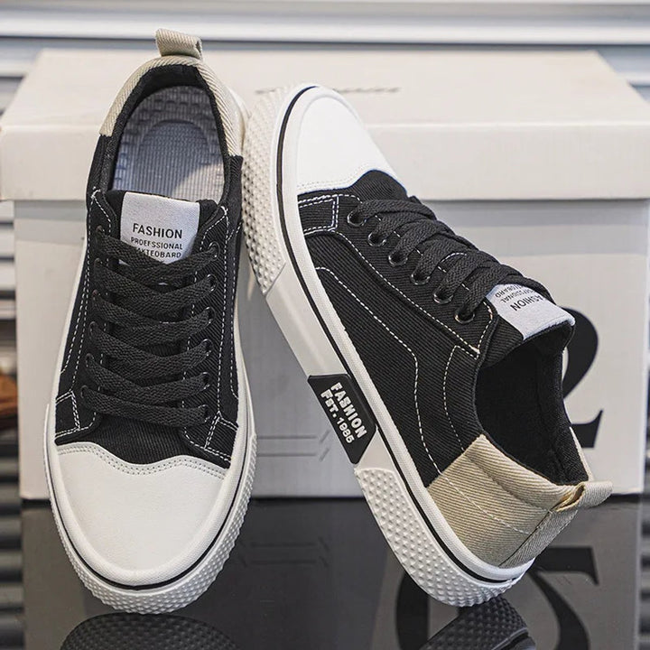Men's Lace-Up Canvas Low-Top Casual Trainers - Black