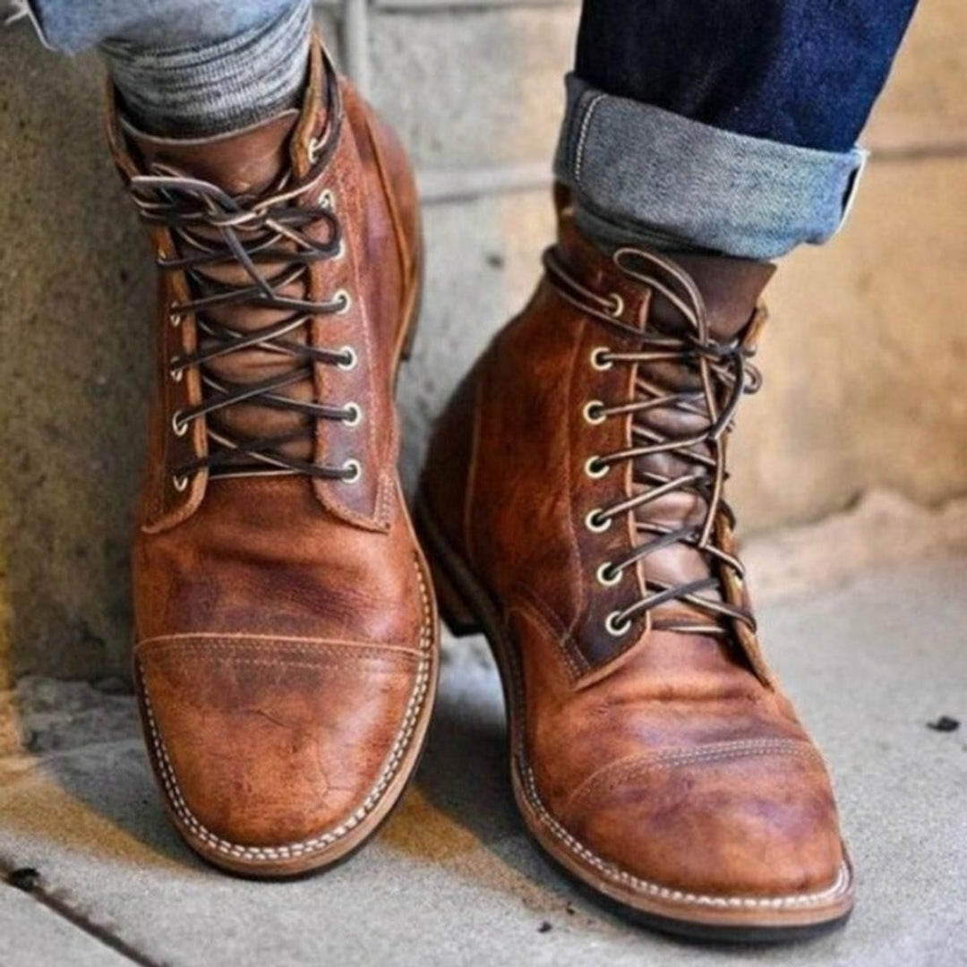 Men's Lace-Up Cap-Toe Leather Ankle Boots - Brown