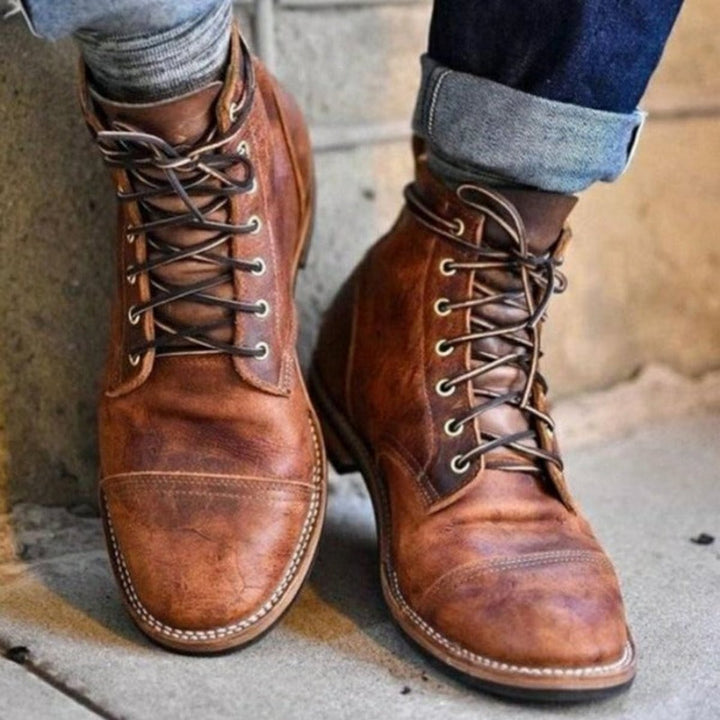 Men's Lace-Up Cap-Toe Leather Ankle Boots - Brown