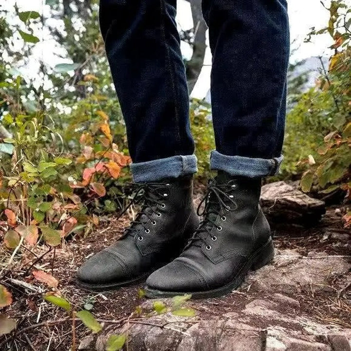 Men's Lace-Up Cap-Toe Leather Ankle Boots - Black