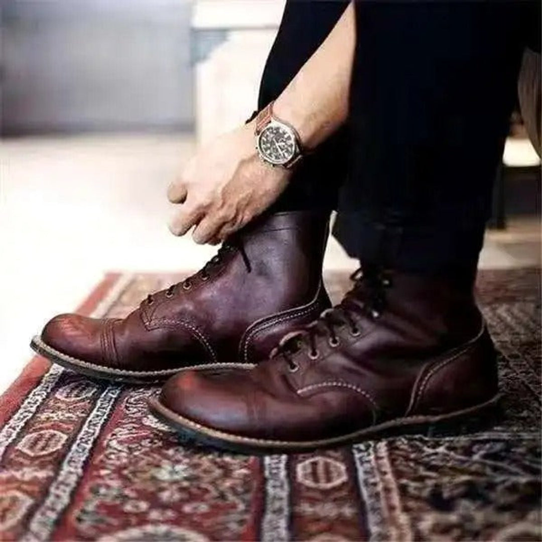 Men's Lace-Up Cap-Toe Leather Ankle Boots - Dark Brown