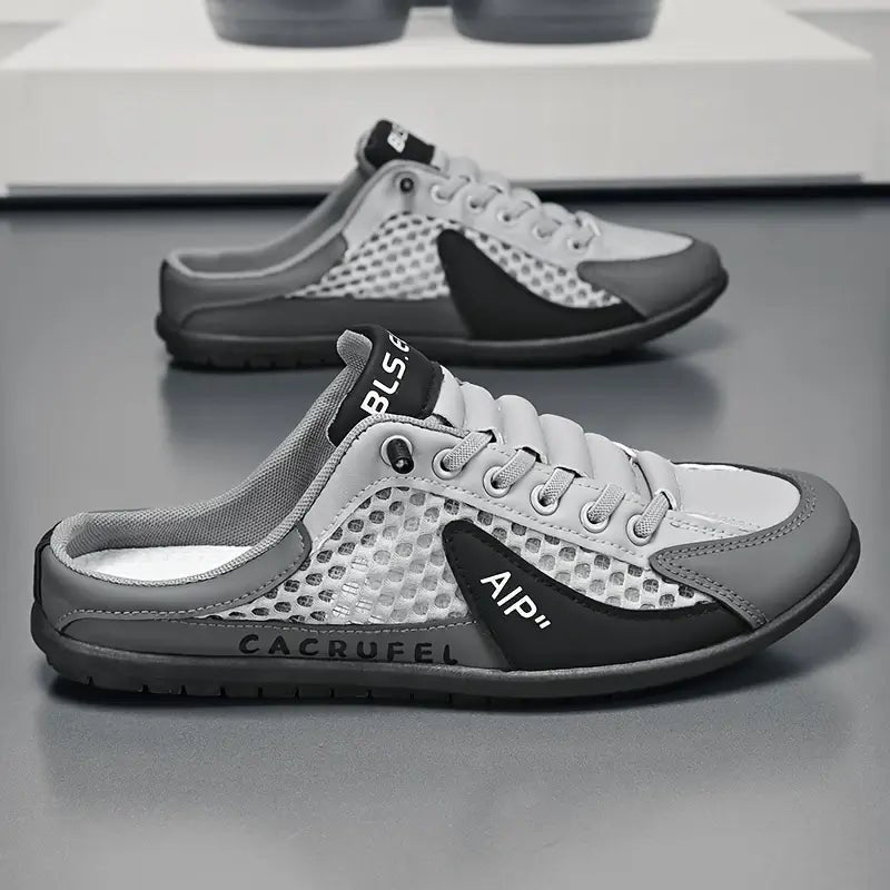 Men's Lace-Up Half-Shoe Backless Slip-On Trainers - Gray