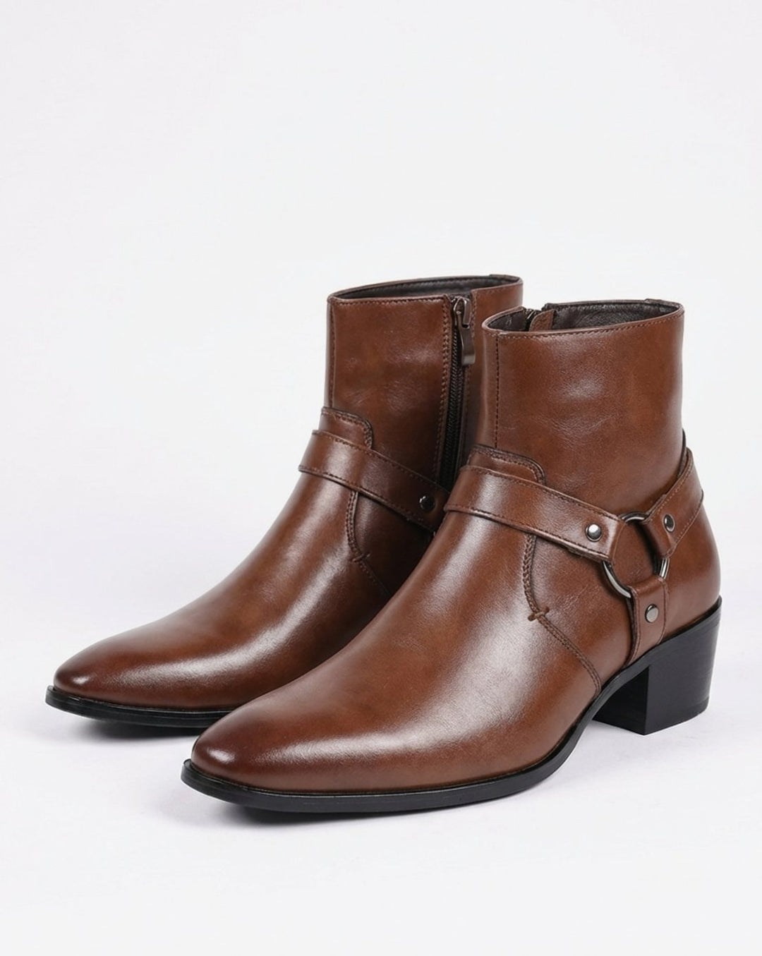 Men's Leather Harness-Strap Pointed-Toe Ankle Boots - Dark Brown