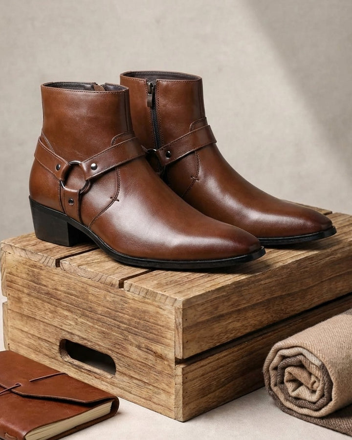 Men's Leather Harness-Strap Pointed-Toe Ankle Boots