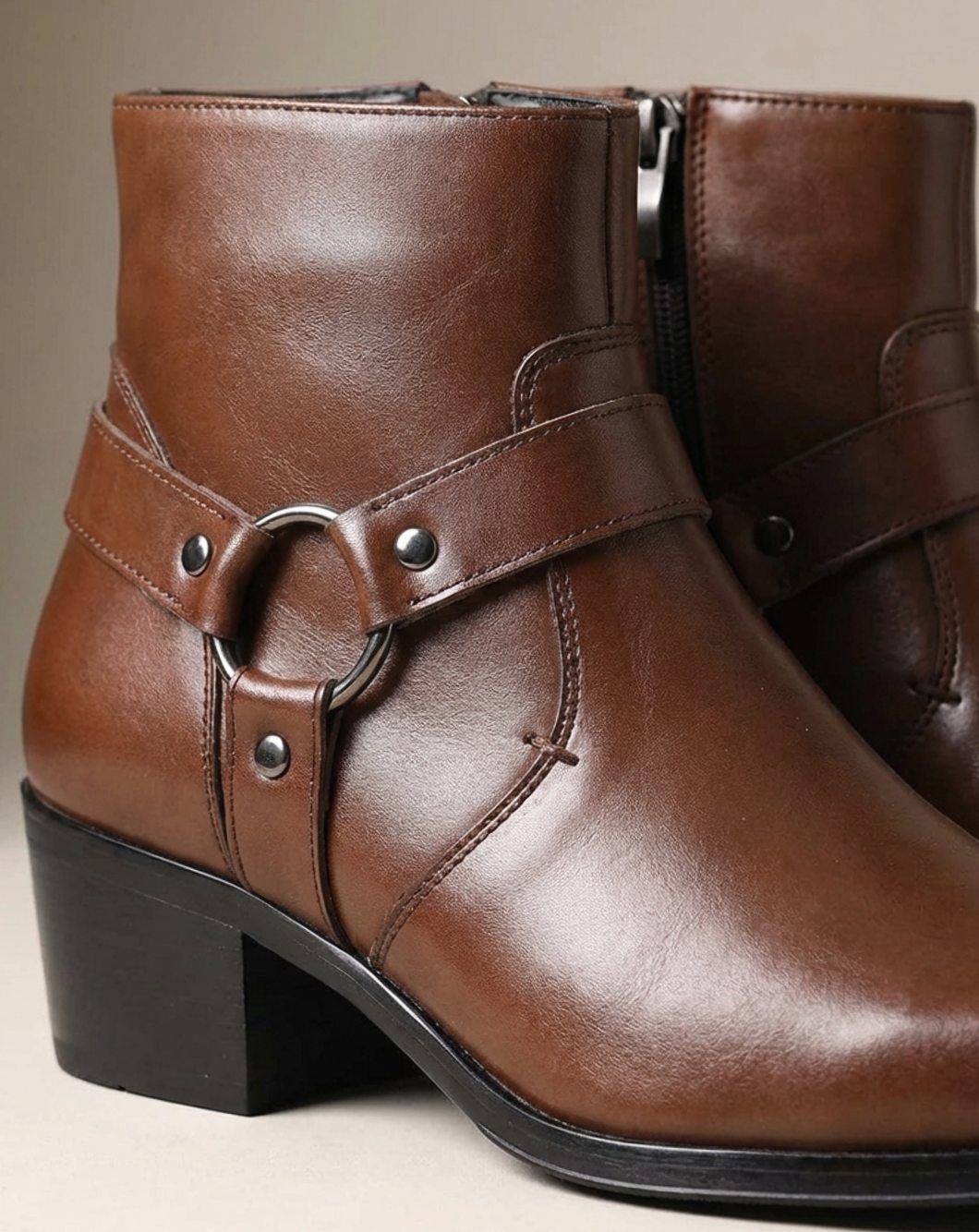 Men's Leather Harness-Strap Pointed-Toe Ankle Boots
