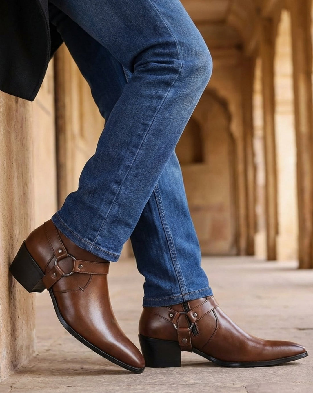 Men's Leather Harness-Strap Pointed-Toe Ankle Boots