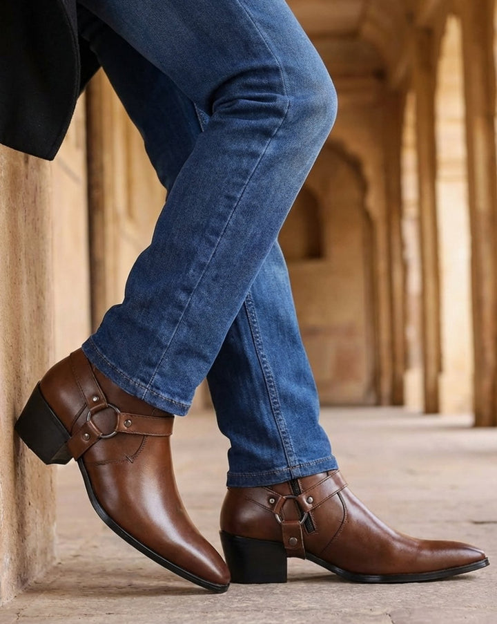 Men's Leather Harness-Strap Pointed-Toe Ankle Boots