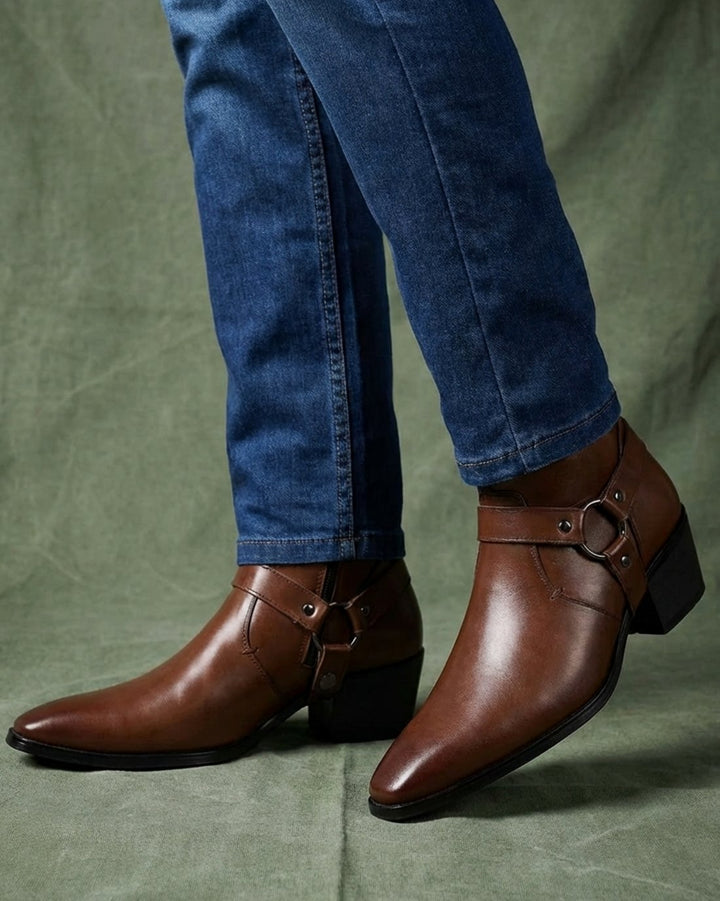 Men's Leather Harness-Strap Pointed-Toe Ankle Boots