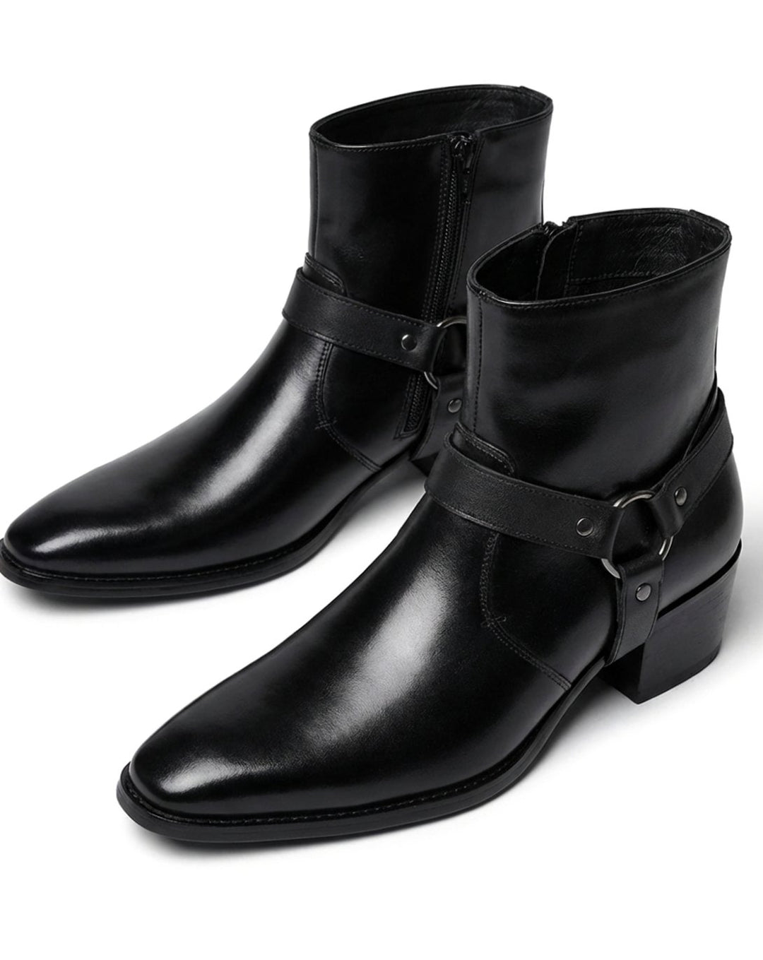 Men's Leather Harness-Strap Pointed-Toe Ankle Boots - Black