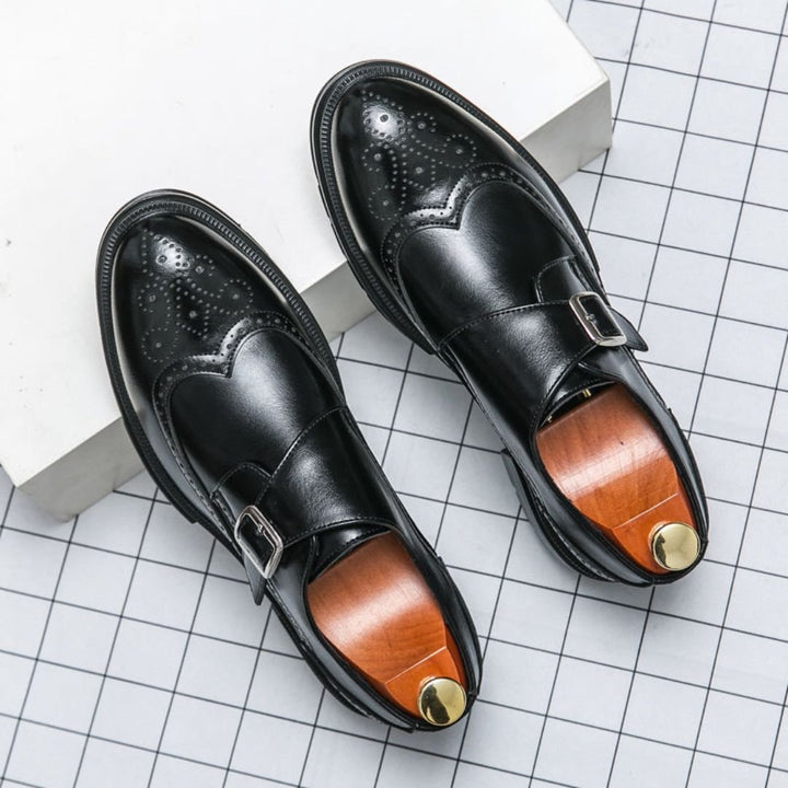 Men's Leather-Look Monk Strap Wingtip Brogue Dress Shoes - Black