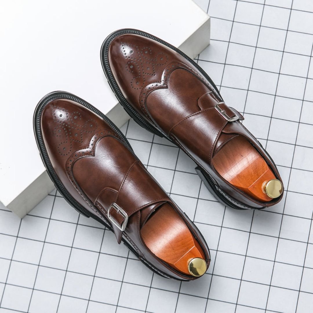 Men's Leather-Look Monk Strap Wingtip Brogue Dress Shoes - Brown