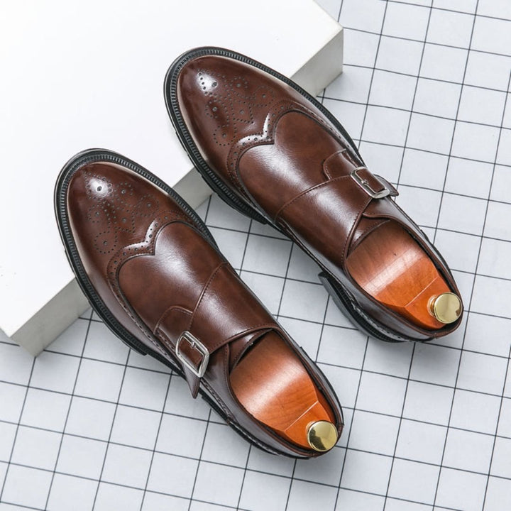 Men's Leather-Look Monk Strap Wingtip Brogue Dress Shoes - Brown