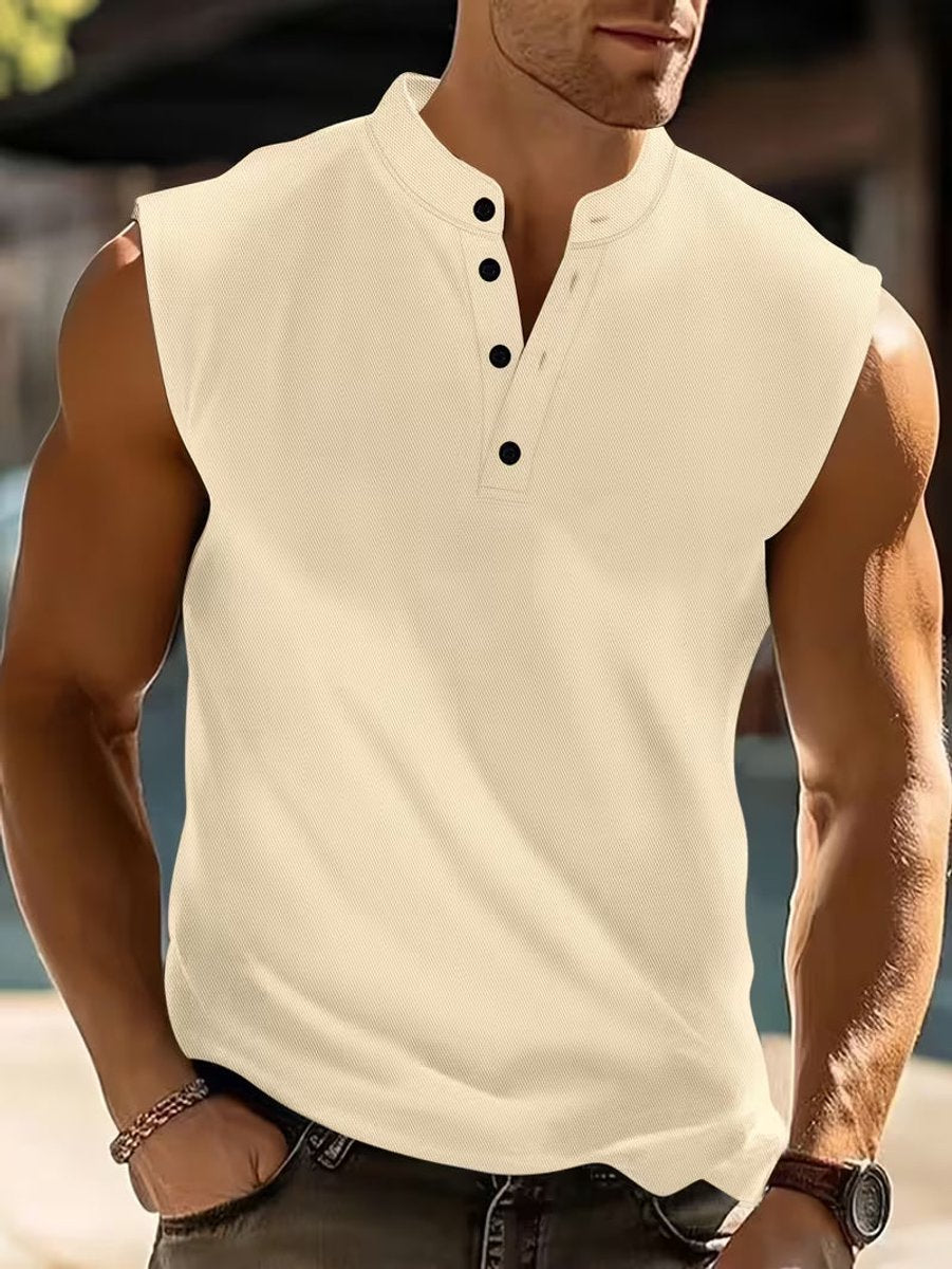 Men's Lightweight Breathable Sleeveless Henley Vest Top - Beige