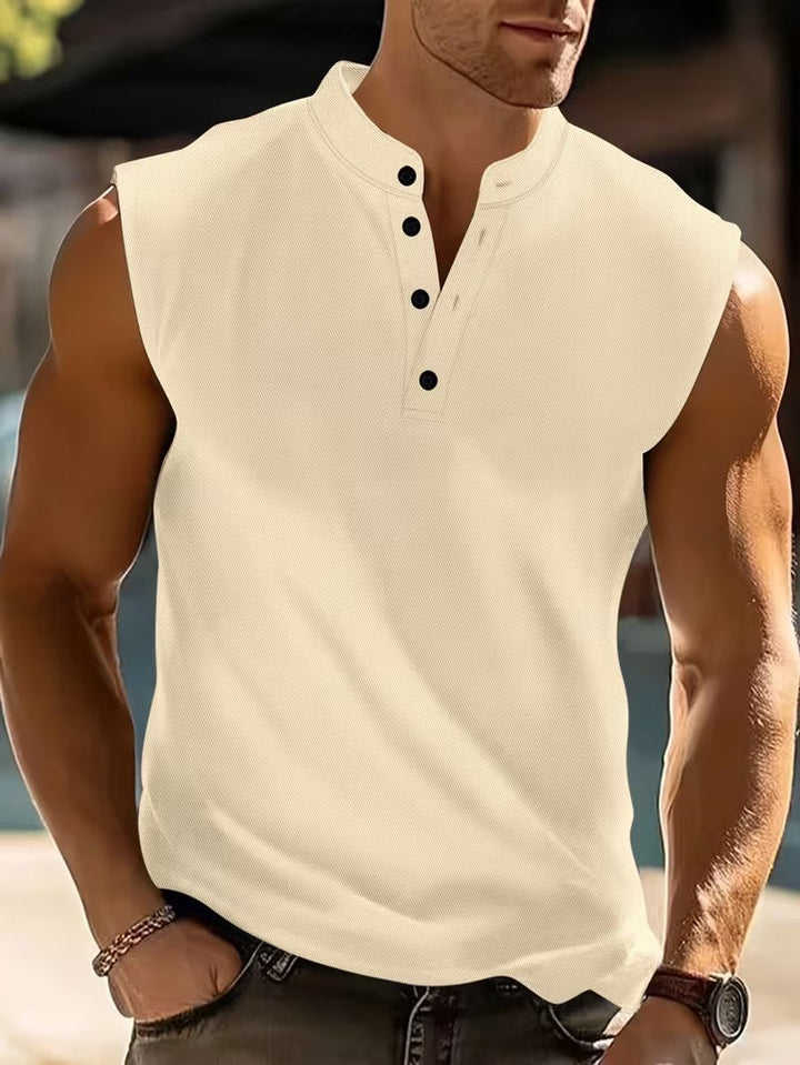 Men's Lightweight Breathable Sleeveless Henley Vest Top - Beige