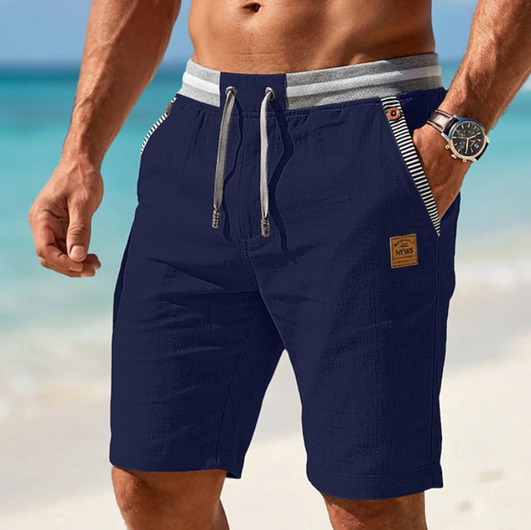 Men's Lightweight Linen-Feel Drawstring Casual Summer Shorts - Navy Blue