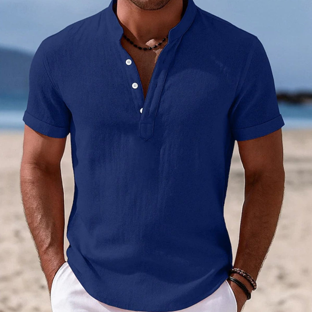 Men's Lightweight Linen Short-Sleeve Henley Button-Up Shirt - Blue