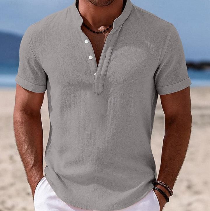 Men's Lightweight Linen Short-Sleeve Henley Button-Up Shirt - Grey