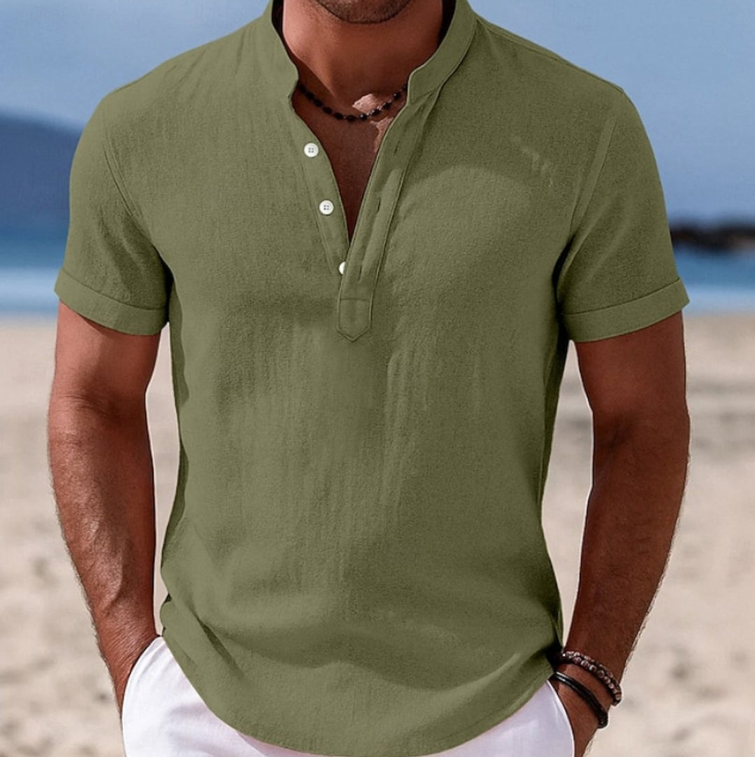 Men's Lightweight Linen Short-Sleeve Henley Button-Up Shirt - Green