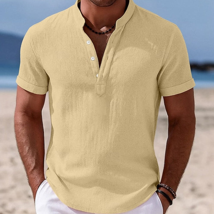 Men's Lightweight Linen Short-Sleeve Henley Button-Up Shirt - Yellow