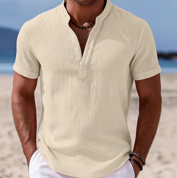 Men's Lightweight Linen Short-Sleeve Henley Button-Up Shirt - Beige