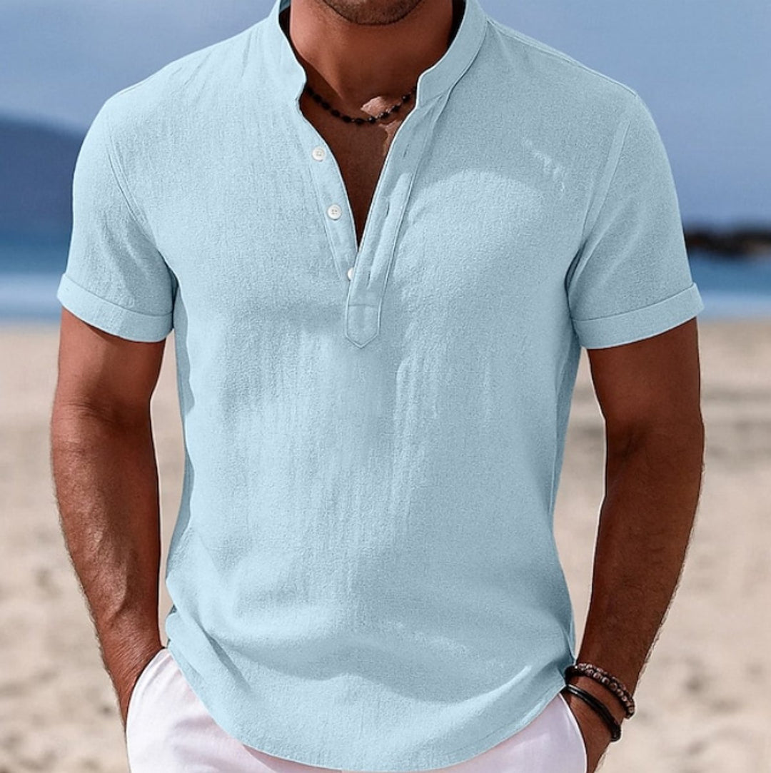 Men's Lightweight Linen Short-Sleeve Henley Button-Up Shirt - Light Blue