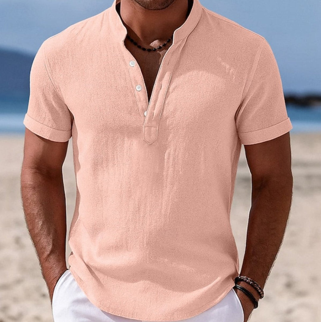 Men's Lightweight Linen Short-Sleeve Henley Button-Up Shirt - Pink