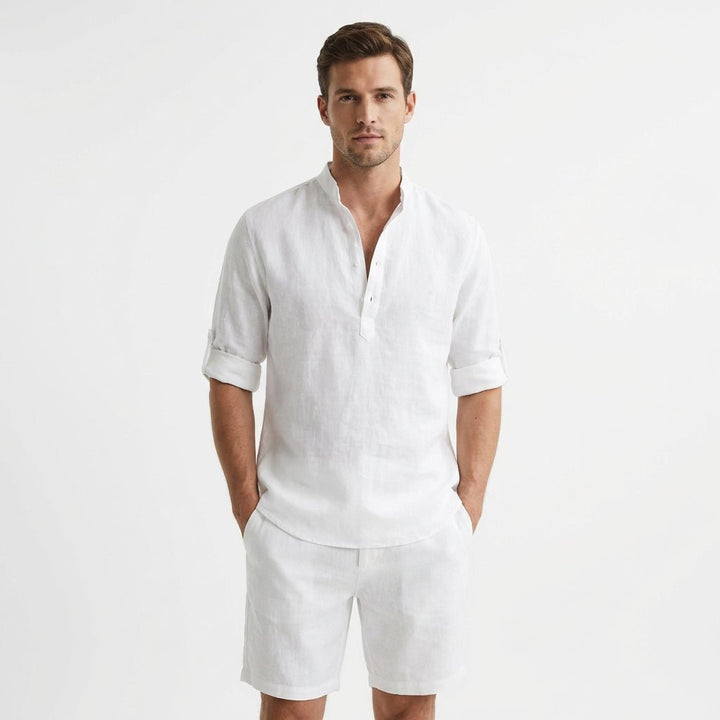 Men's Linen Mandarin Collar Henley Shirt - Blanco