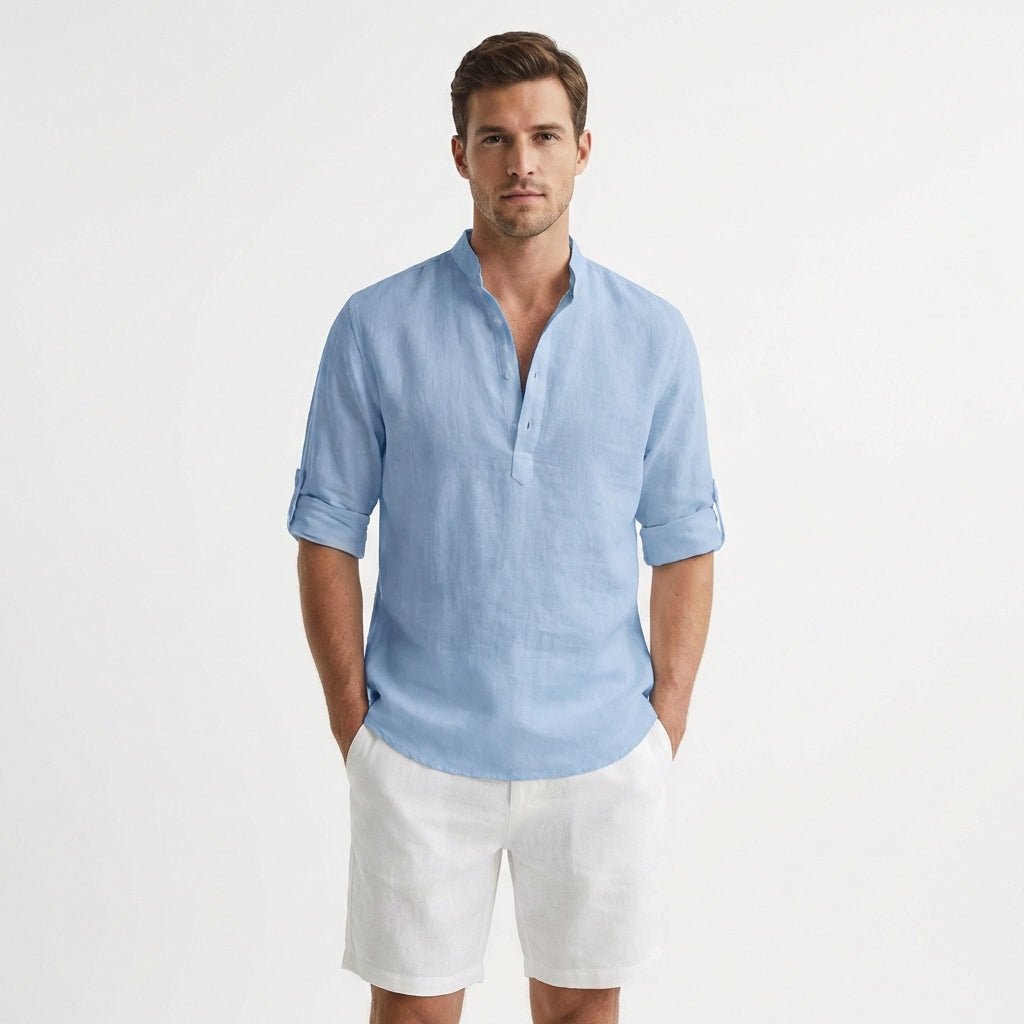 Men's Linen Mandarin Collar Henley Shirt - Azul Claro