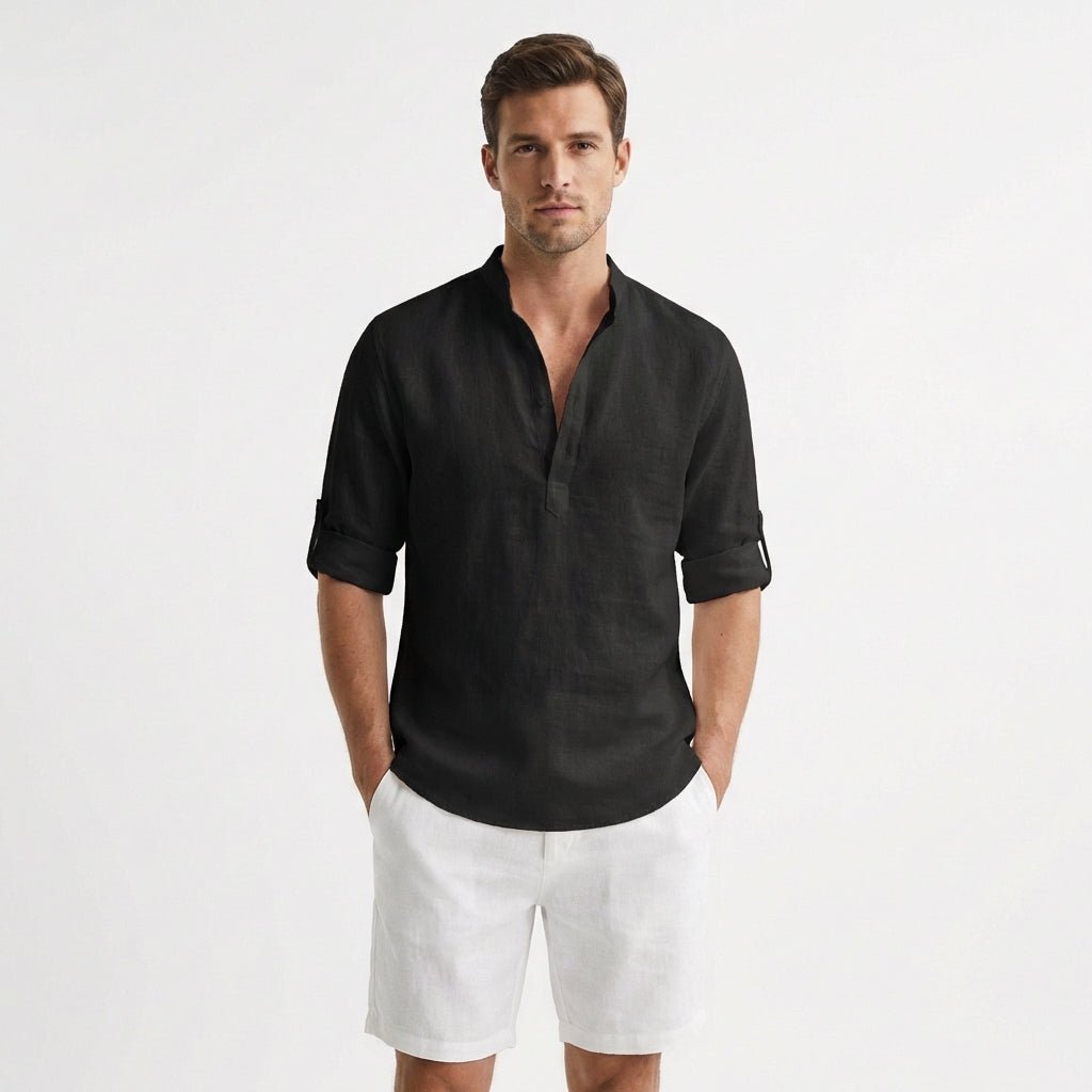 Men's Linen Mandarin Collar Henley Shirt - Negro