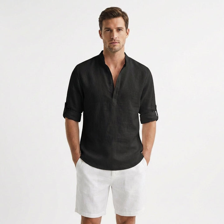Men's Linen Mandarin Collar Henley Shirt - Negro