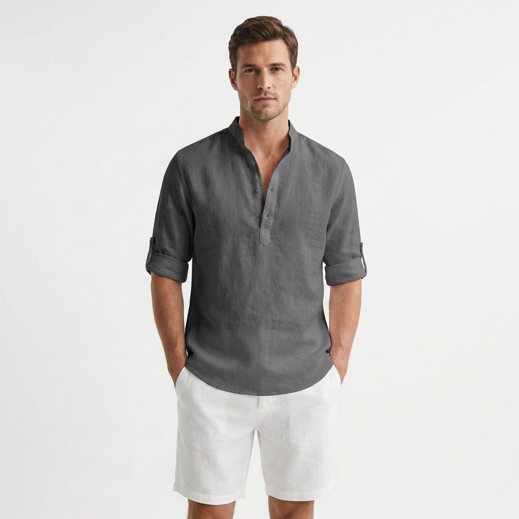 Men's Linen Mandarin Collar Henley Shirt - Gris