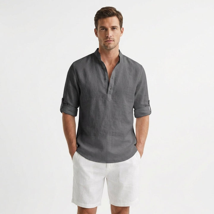 Men's Linen Mandarin Collar Henley Shirt - Gris