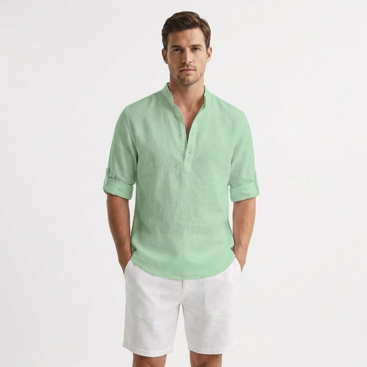 Men's Linen Mandarin Collar Henley Shirt - Verde menta