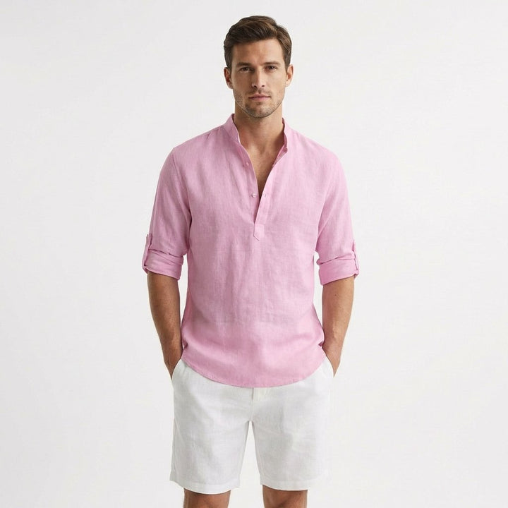 Men's Linen Mandarin Collar Henley Shirt - Rosa