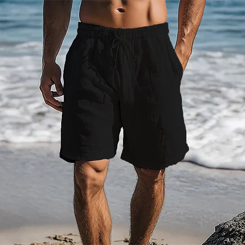 Men's Linen Quick-Dry Mid-Thigh Drawstring Swim Shorts - Black