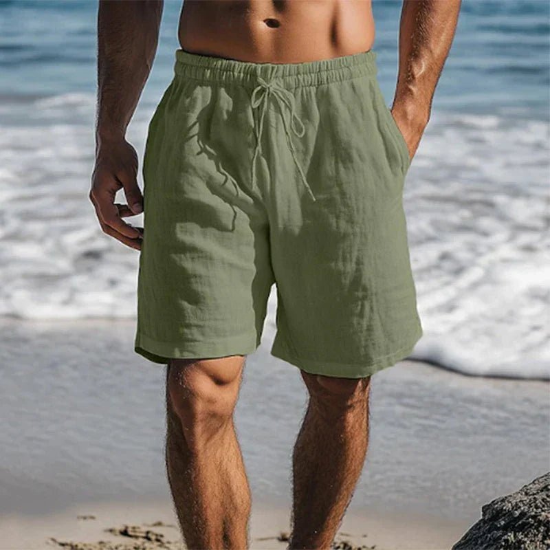 Men's Linen Quick-Dry Mid-Thigh Drawstring Swim Shorts - Dark Green