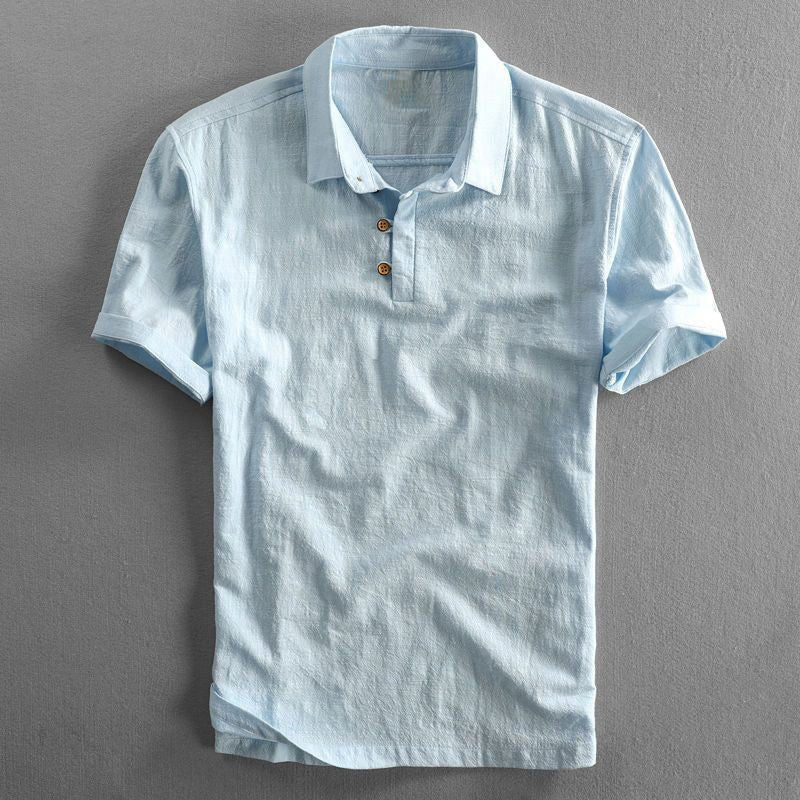 Men's Linen Short Sleeve Polo Shirt - Light Blue