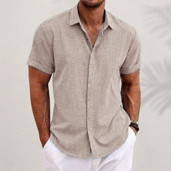 Men's Linen Short Sleeve Shirt Button Down Regular Fit - Khaki