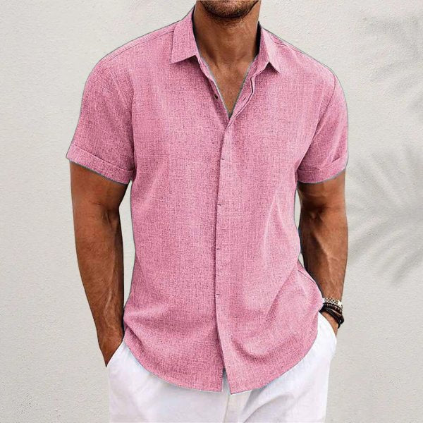 Men's Linen Short Sleeve Shirt Button Down Regular Fit - Pink