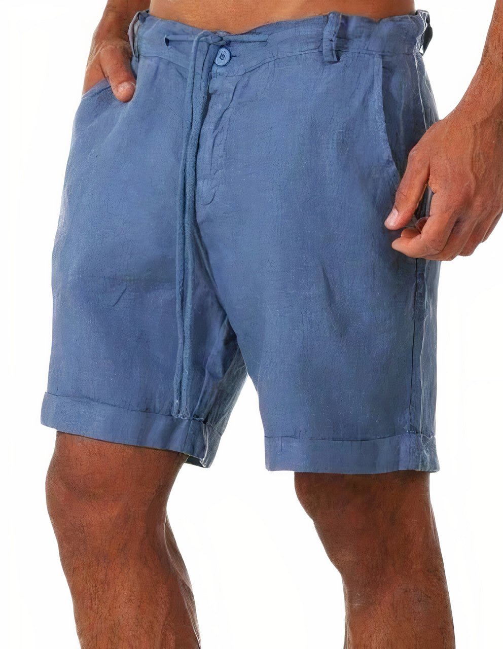 Men's Linen Shorts Cuffed Drawstring Casual Summer - Blue