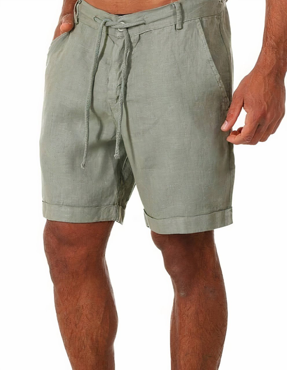 Men's Linen Shorts Cuffed Drawstring Casual Summer - Green
